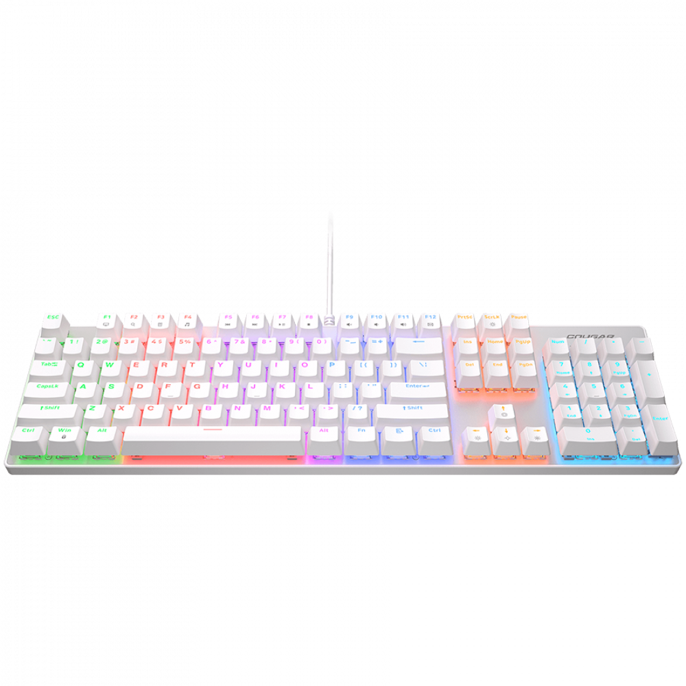 Biała klawiatura gamingowa z podświetleniem RGB i klawiaturą numeryczną.