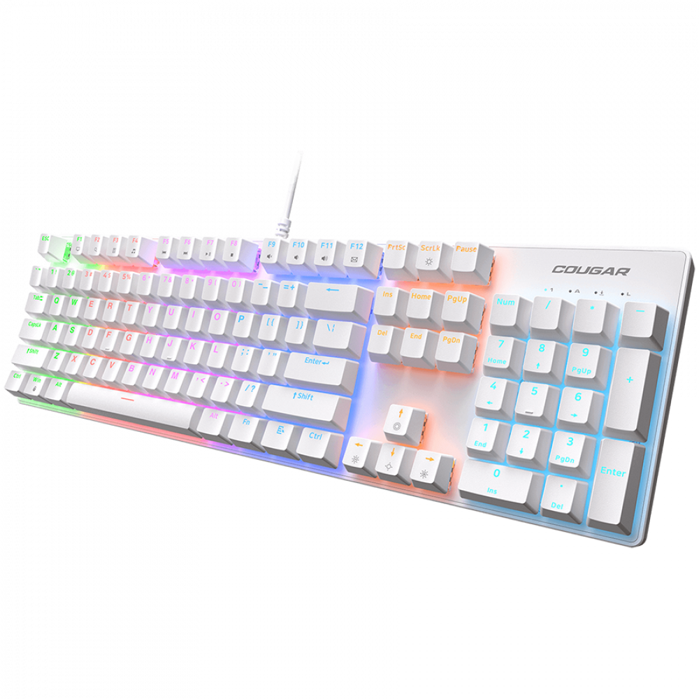 Biała klawiatura gamingowa Cougar z podświetleniem RGB, ukośnie na czarnym tle.