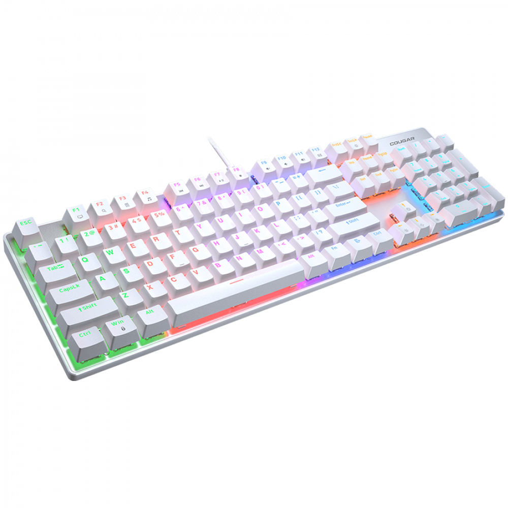 Biała klawiatura z podświetleniem RGB na dole, na czarnym tle.