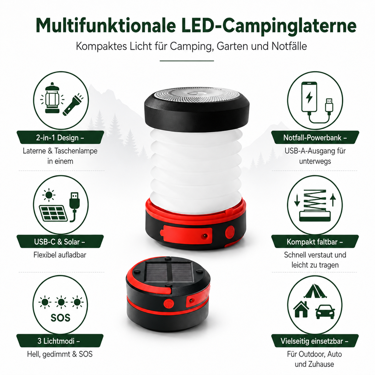 Multifunktionale LED-Campinglaterne mit 2-in-1-Design, Powerbank, Solar, SOS und faltbar.