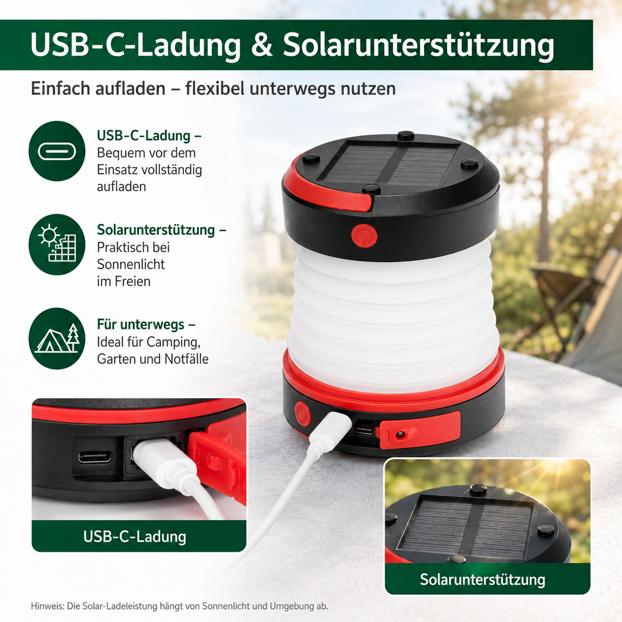 Ein faltbarer Camping-Lan­terne mit USB-C-Ladeanschluss und Solarpanel.