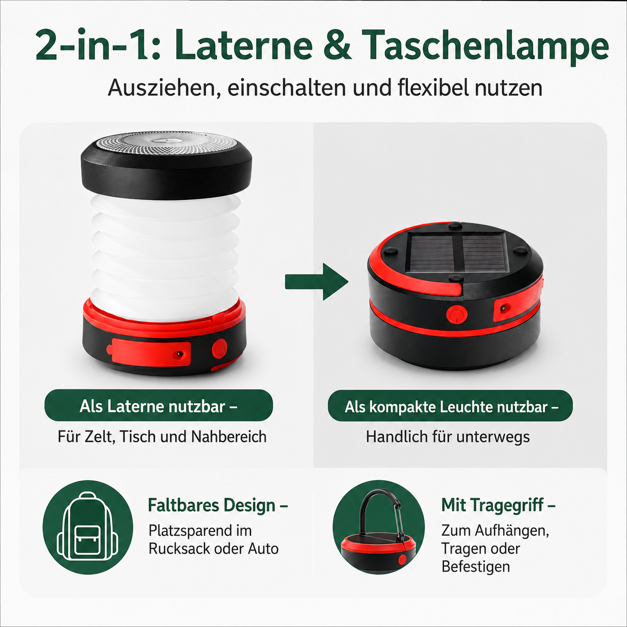 Eine weiße, faltbare Laterne mit roten Akzenten wird gezeigt. Daneben eine kompakte schwarze Lampe.