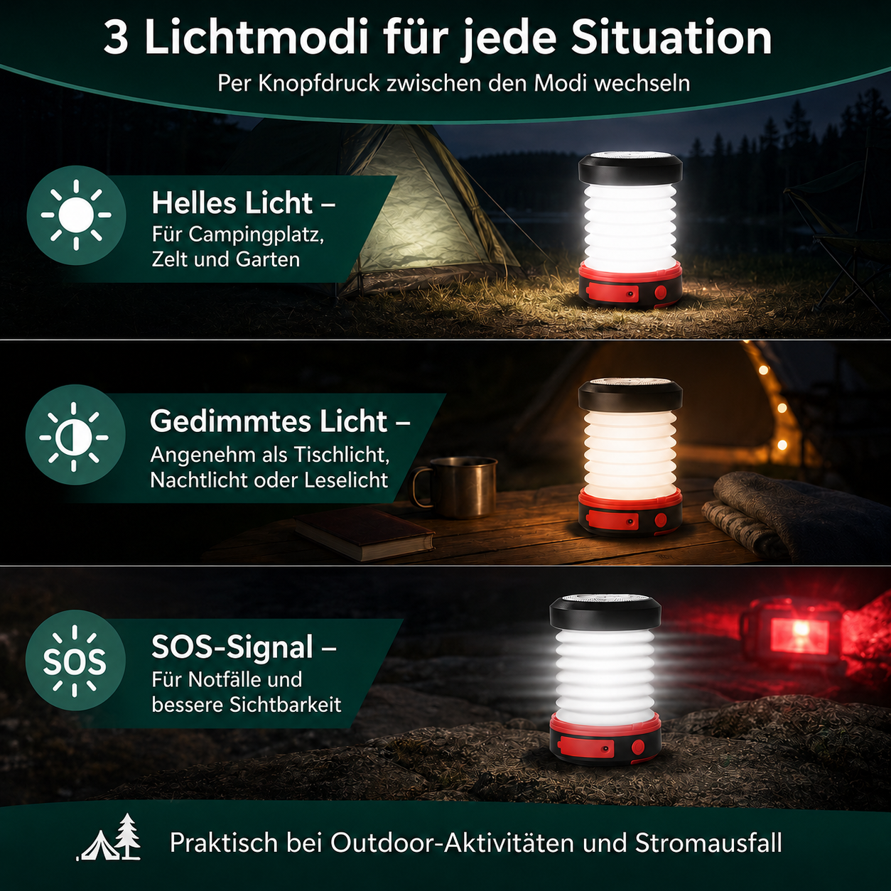 Ein wiederaufladbarer Laternen-LED-Scheinwerfer mit 3 Lichtmodi: hell, gedimmt und SOS.