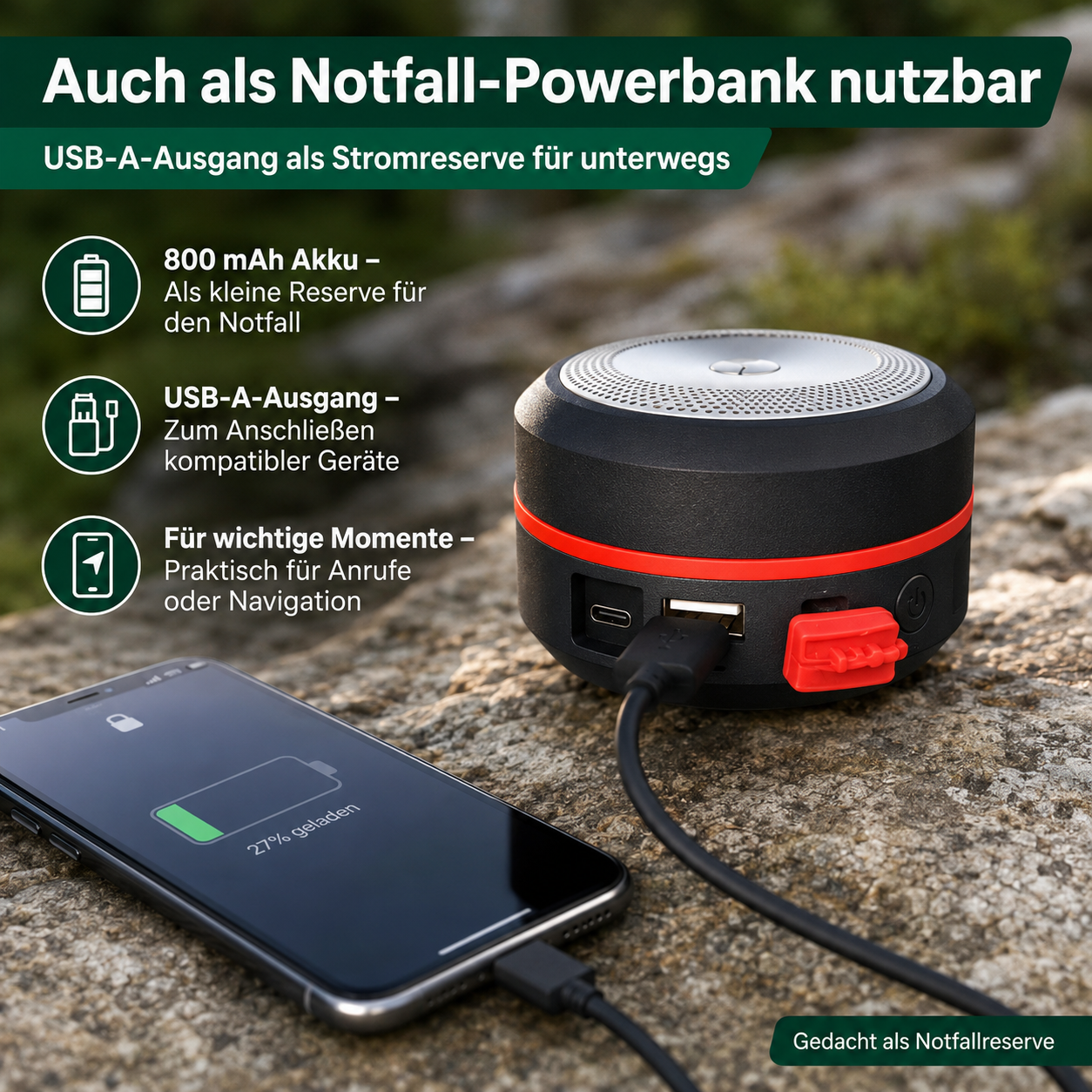 Schwarzes Powerbank lädt Handy. Beschriftung: Notfall-Powerbank, 800 mAh Akku, USB-A-Ausgang.