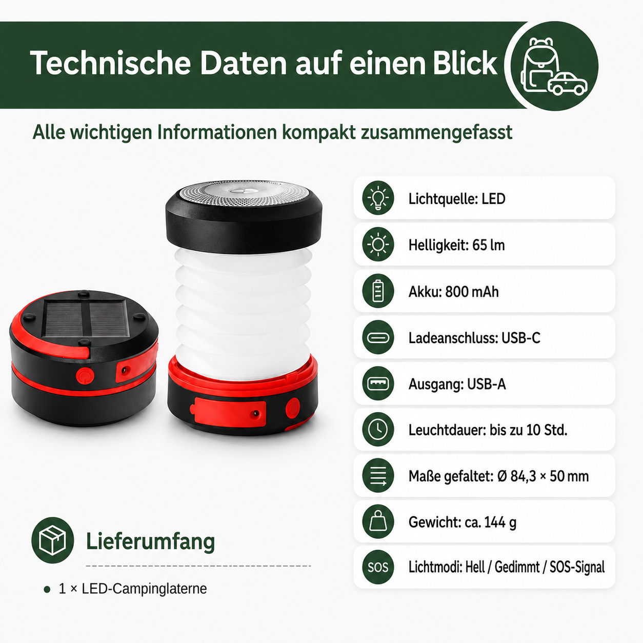 Technische Daten einer LED-Campinglaterne mit Solarpanel, USB-C und USB-A Anschlüssen.
