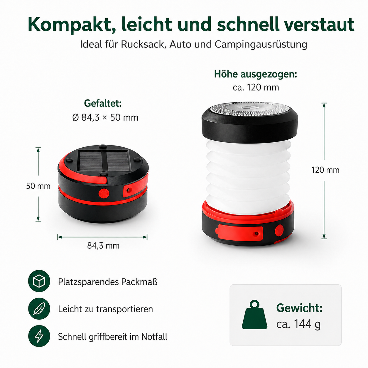 Kompakte, faltbare Leuchte in Schwarz und Rot, mit Maßen und Gewicht.