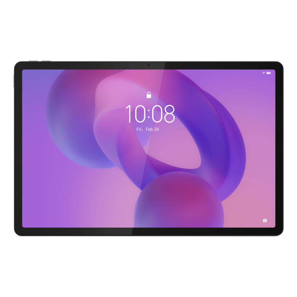 Czarny tablet z fioletową i niebieską tapetą abstrakcyjną.