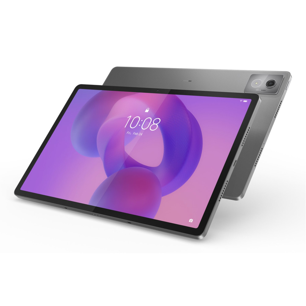 Szary tablet ze stylizowanym tłem, pokazujący 10:08.