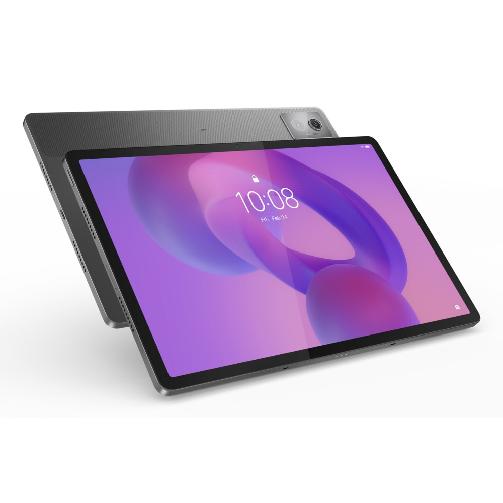 Szary tablet z fioletowo-różową abstrakcyjną tapetą na ekranie.