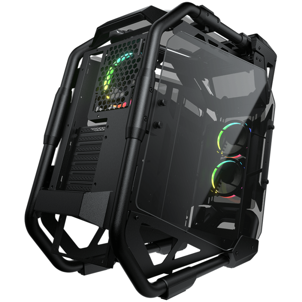 Czarna obudowa komputera z szklanym frontem i wentylatorami RGB.