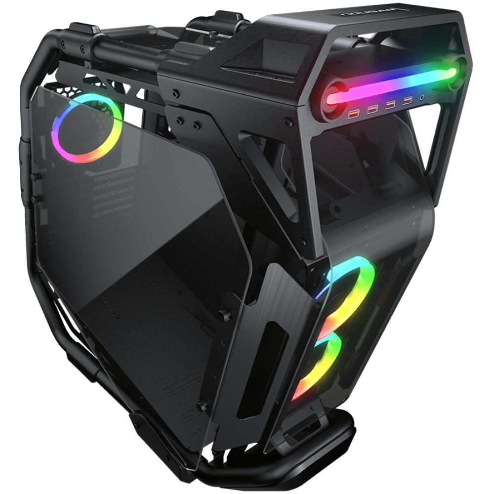 Czarna obudowa komputera z oświetleniem RGB i szklanymi panelami.
