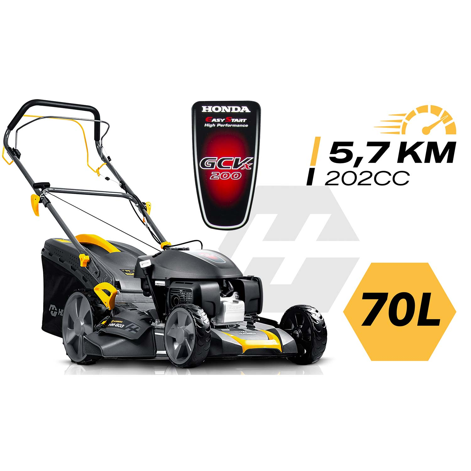 Czarno-żółta kosiarka Honda 70L, 5,7 KM/H, silnik 202CC.