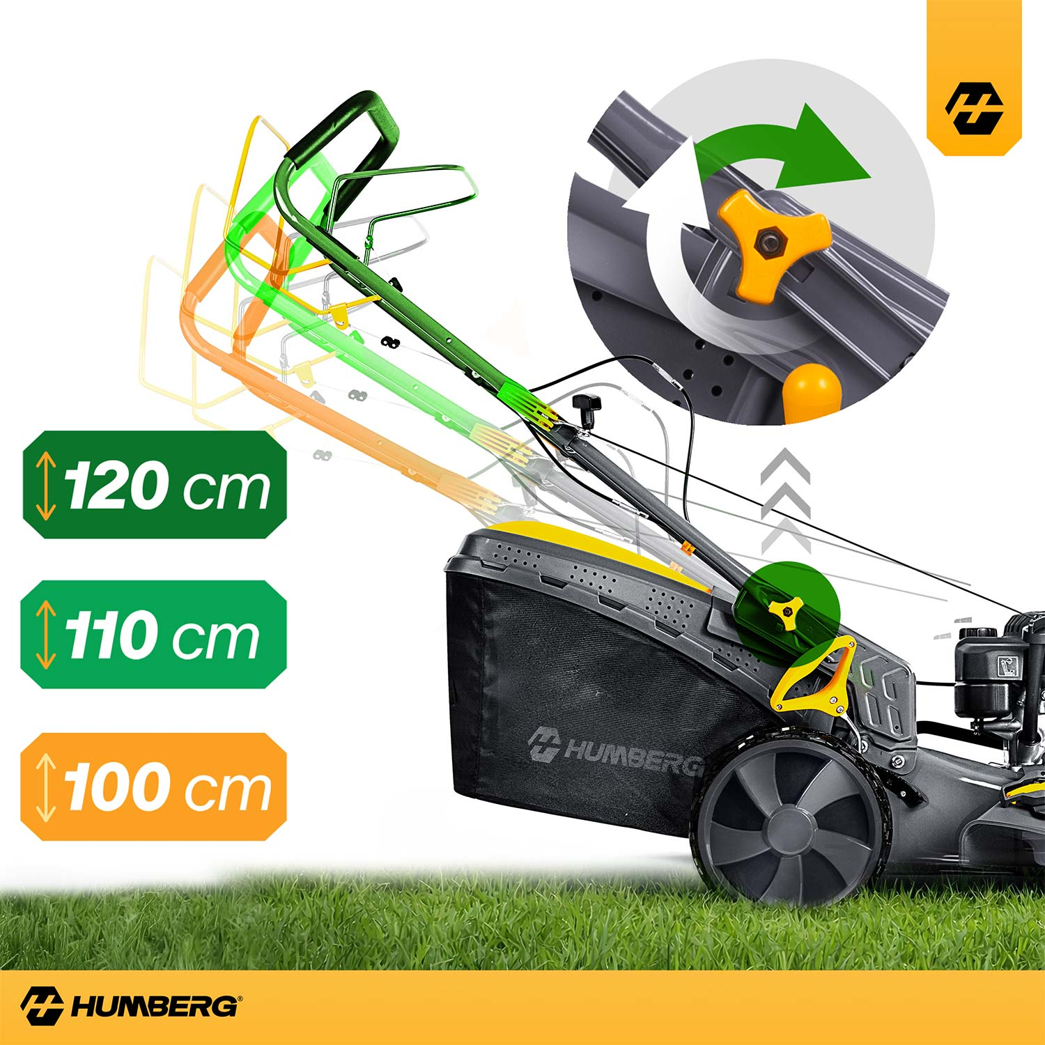 Kosiarka z regulowaną wysokością rączki: 120 cm, 110 cm, 100 cm.