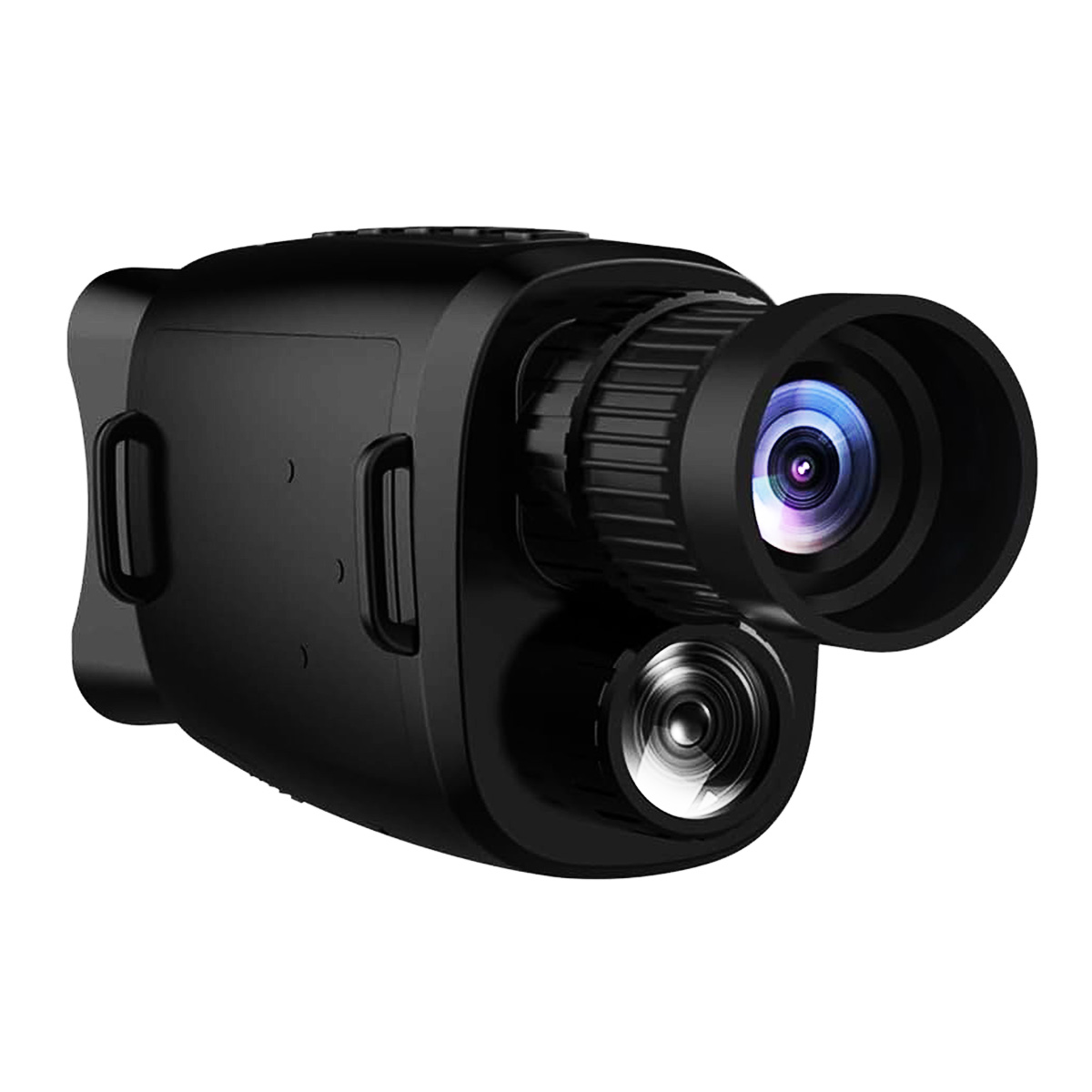 Dispositivo de visión nocturna negro con lente y emisor infrarrojo.