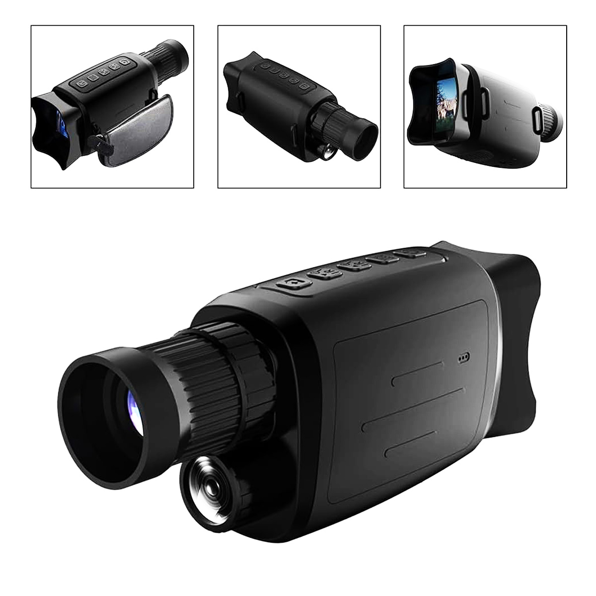 Monocular de visión nocturna negro con lente, botones y pantalla mostrando una cebra.