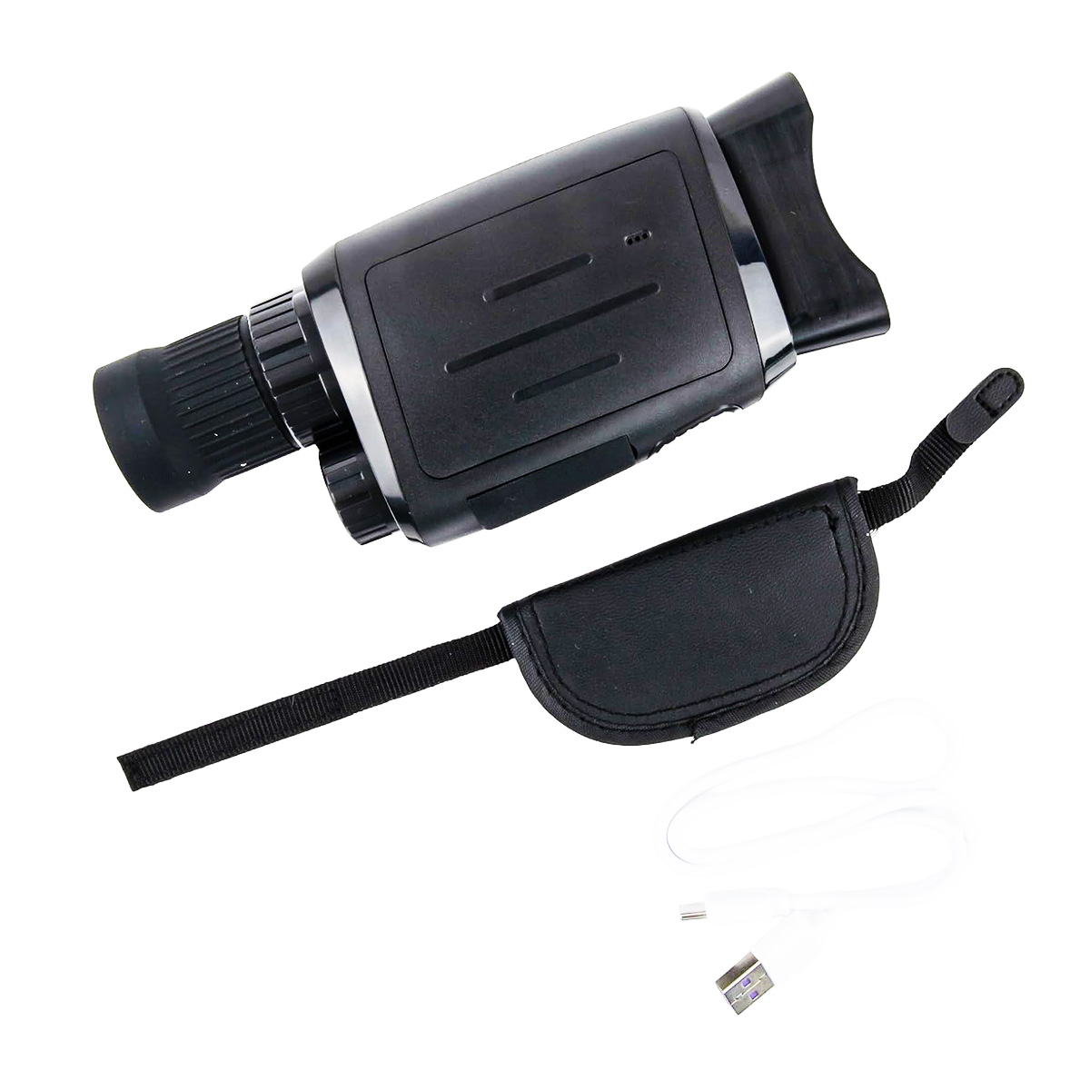 Monocular digital de visión nocturna negro con cordón, funda y cable USB.