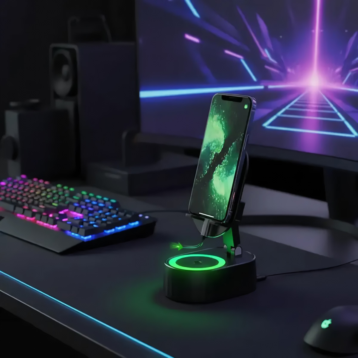 Un smartphone está en un soporte de carga iluminado en verde, junto a un teclado y monitor.