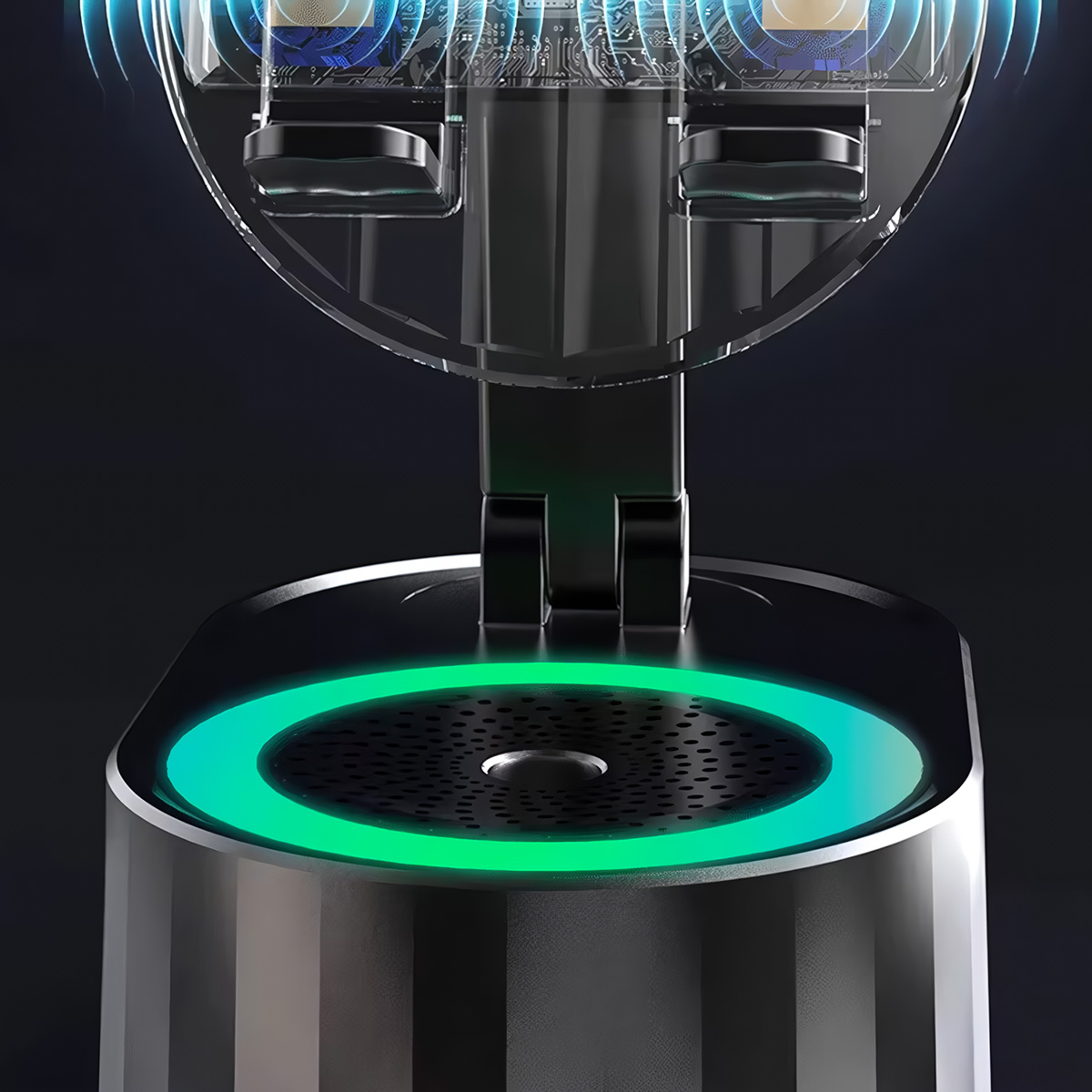 Un altavoz moderno con un anillo verde brillante y electrónica visible.