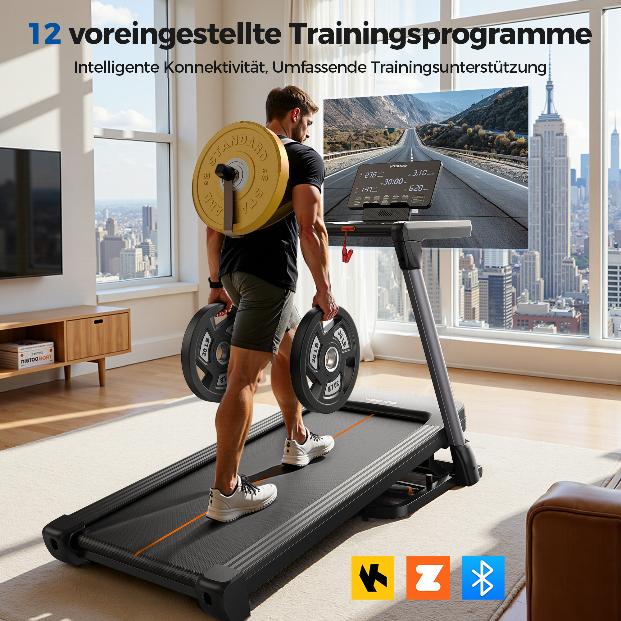 Mann mit Hantelscheiben auf Laufband vor Stadtkulisse. Trainingsprogramme und Konnektivität.