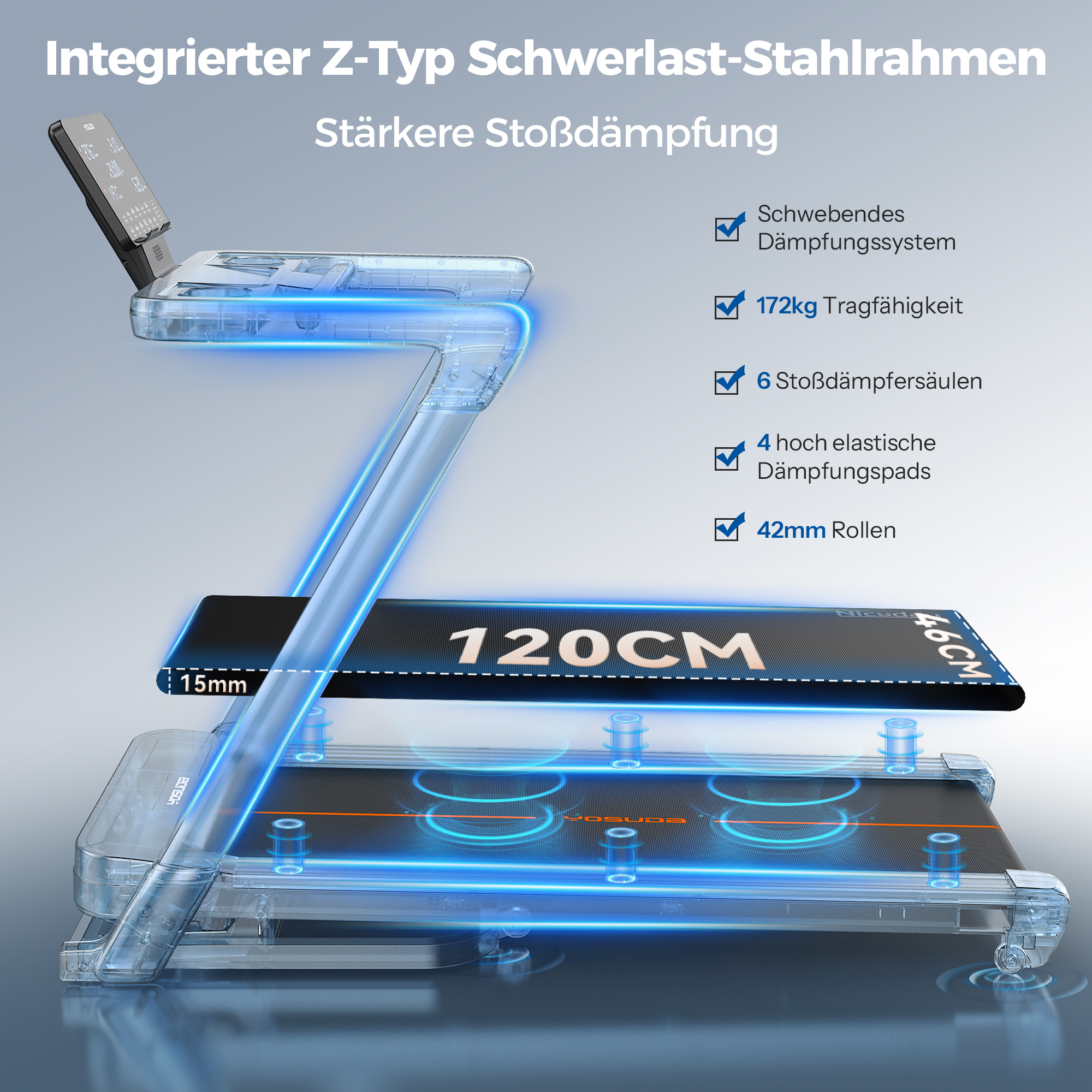 Stahlrahmen-Laufband mit 120cm Lauffläche, Stoßdämpfung und Display.