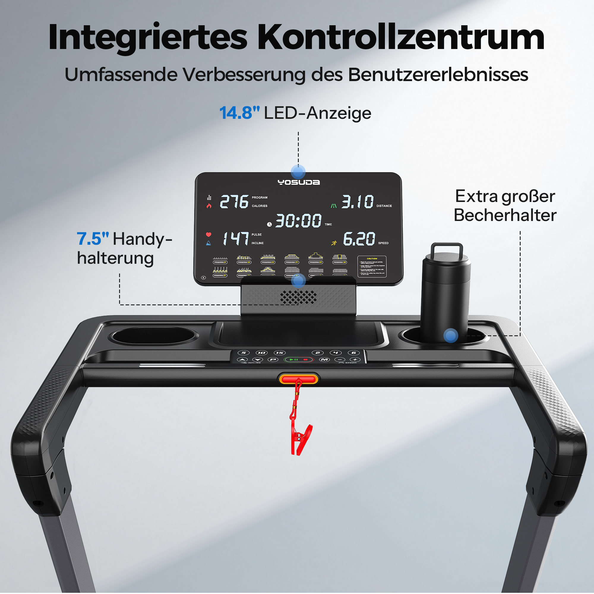 Ein Laufband mit großer LED-Anzeige, Handyhalterung und Becherhalter.