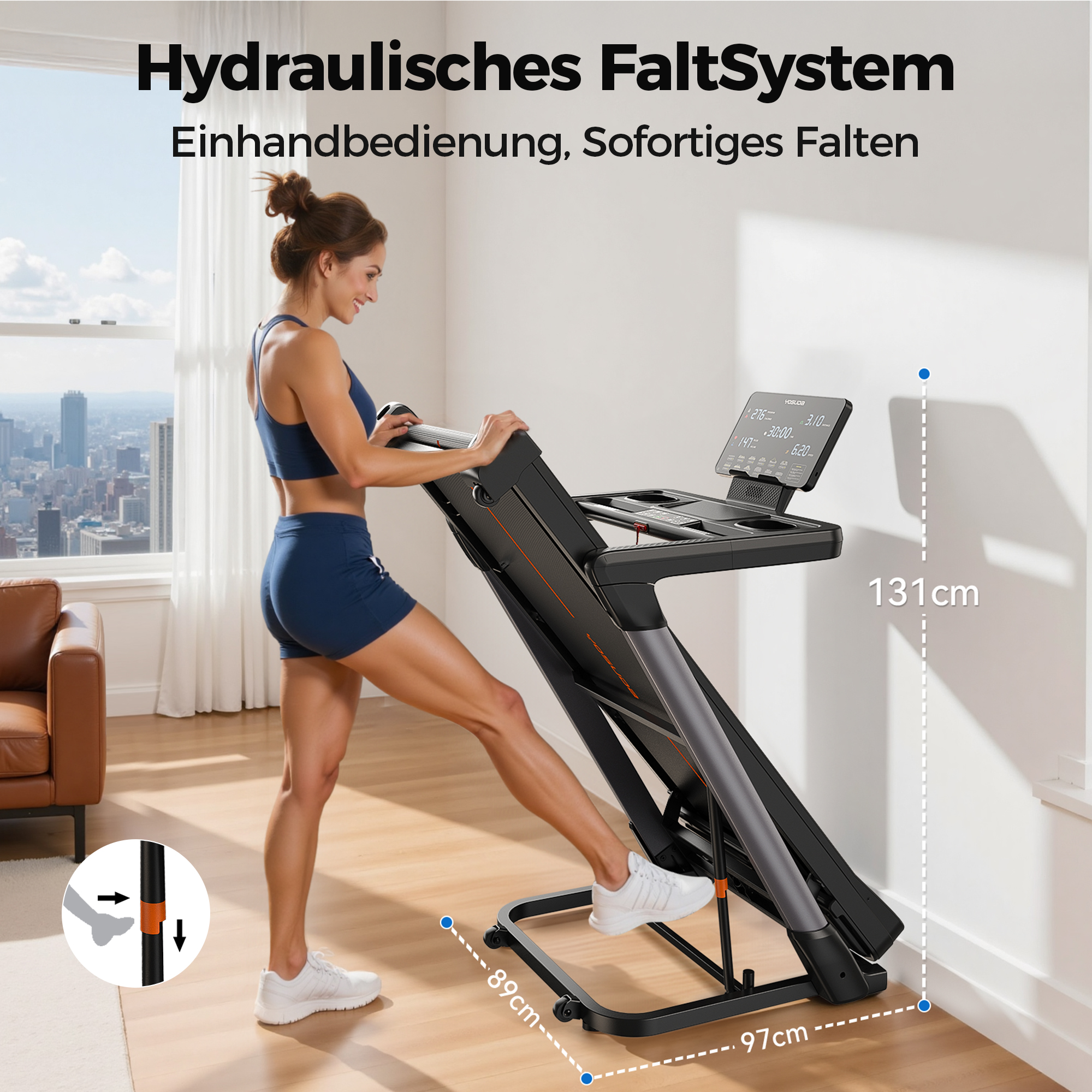 Frau benutzt ein faltbares Laufband. Abmessungen angezeigt: 89cm, 97cm, 131cm.