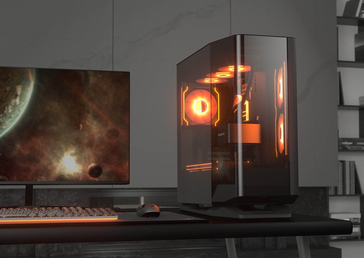 Ein Gaming-PC mit orangefarbener Beleuchtung und einem Monitor, der ein Weltallbild zeigt.