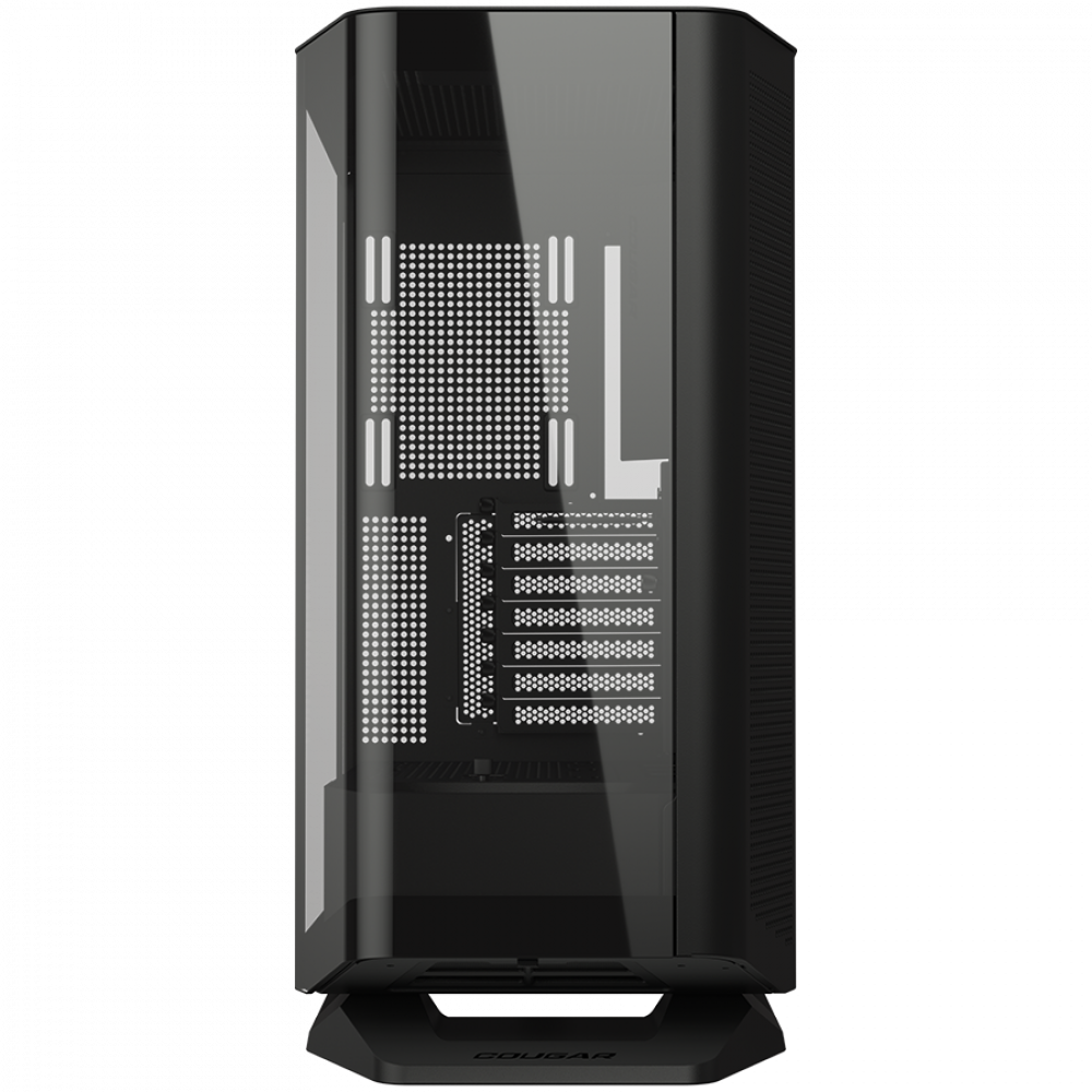 Schwarzes Computergehäuse mit Glasfront und Lüftungsschlitzen.