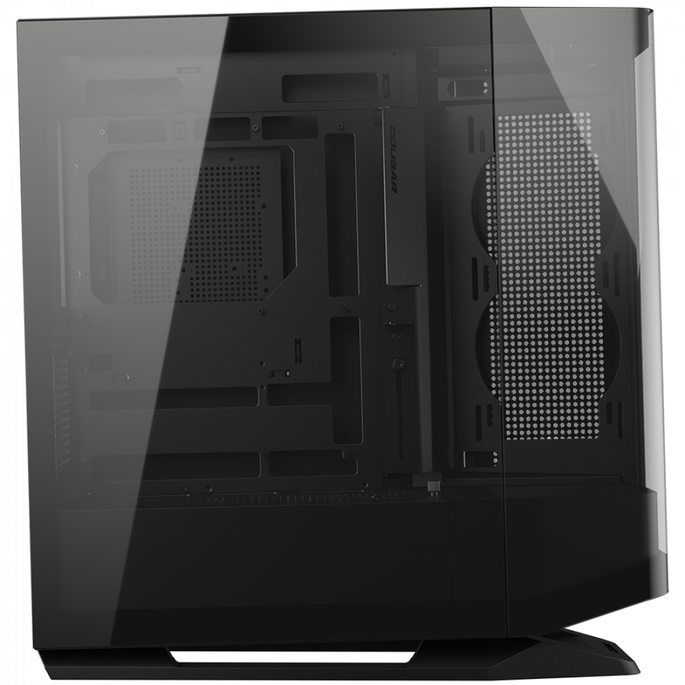 Ein schwarzes Computergehäuse mit Glasfront und sichtbaren internen Komponenten.