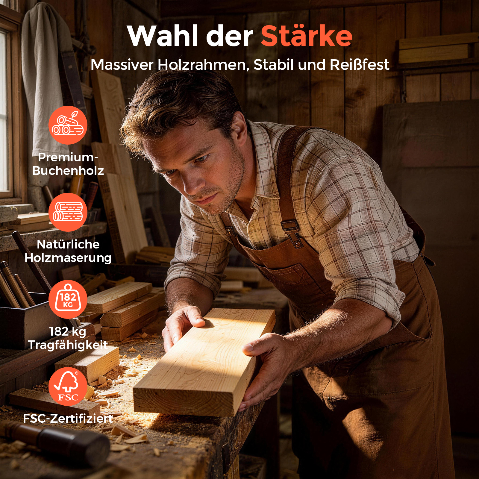 Ein Mann in einer Werkstatt prüft ein Holzbrett. Informationen über Holzqualität, Belastbarkeit und Zertifizierung.