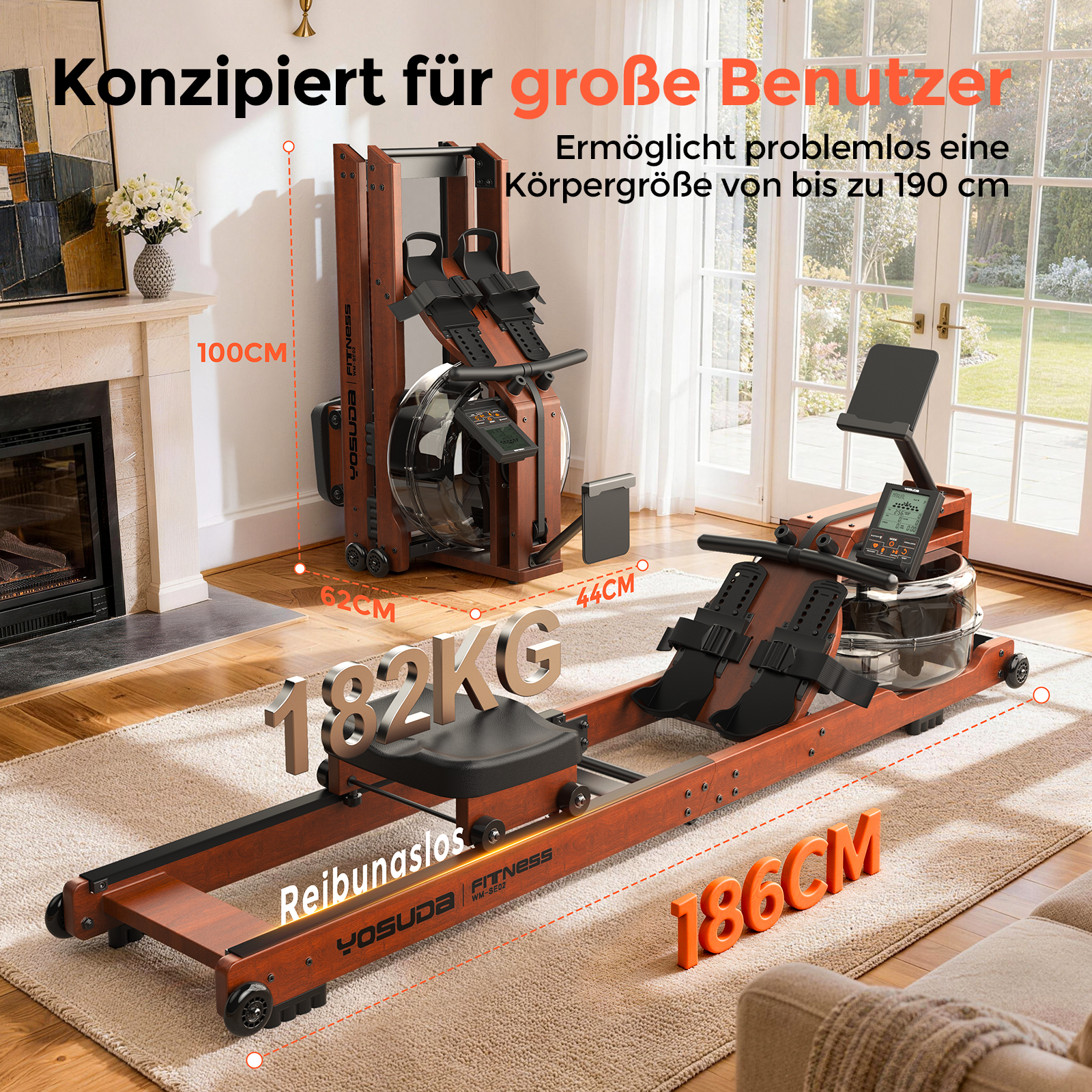 Ein braunes Rudergerät mit schwarzen Sitzen und Displays steht im Wohnzimmer.