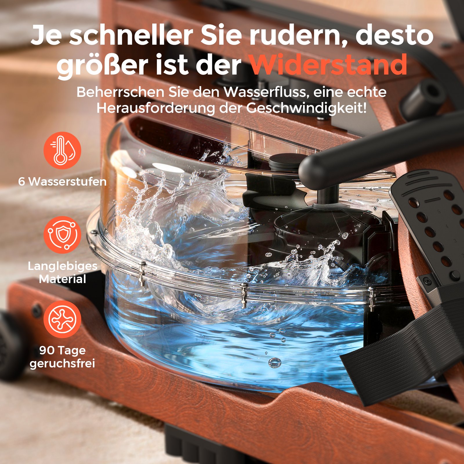 Rudergerät mit Wassertank, 6 Stufen, langlebig, geruchsfrei.