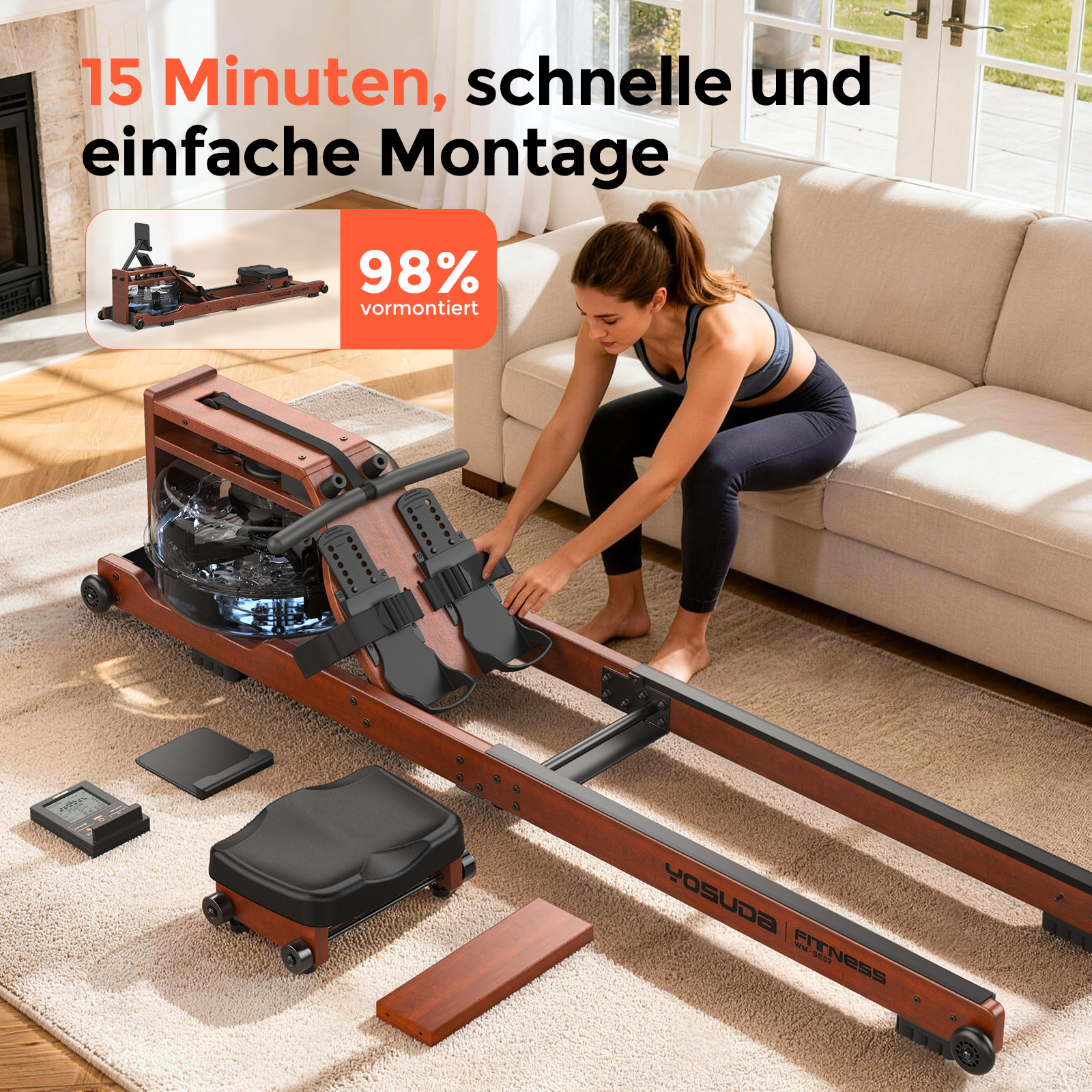 Eine Frau montiert ein Rudergerät aus Holz und Metall auf einem Teppich.