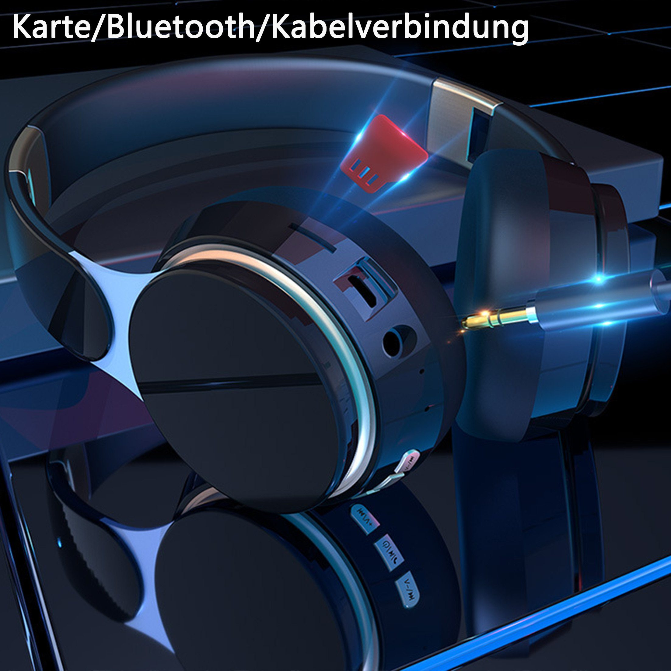 Drahtlose Kopfhörer mit blauem Licht, Kabelanschluss und roten Akzenten.