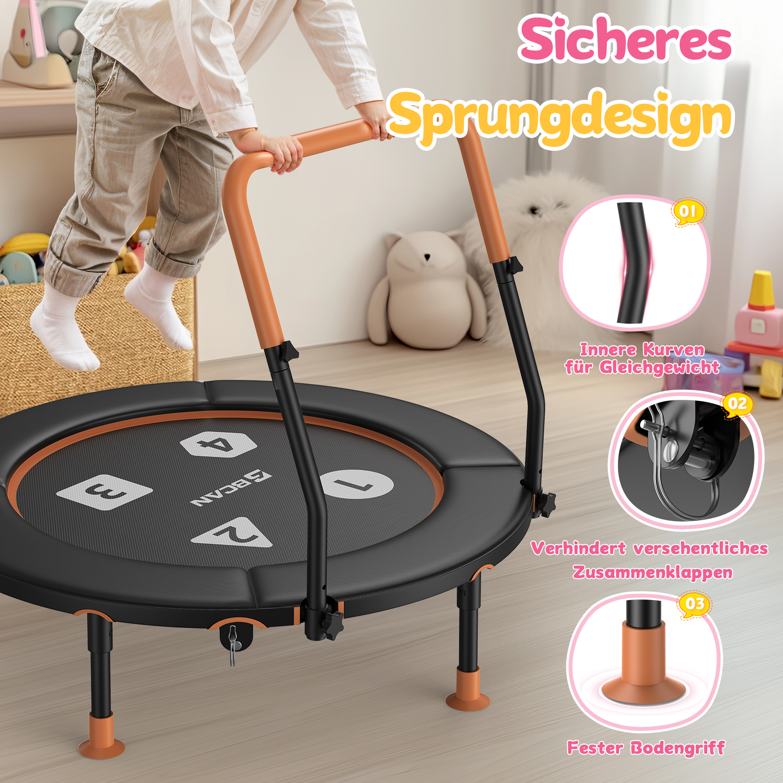 Kind auf schwarzem Trampolin mit orangefarbenen Haltestangen. Merkmale heben Sicherheit hervor.