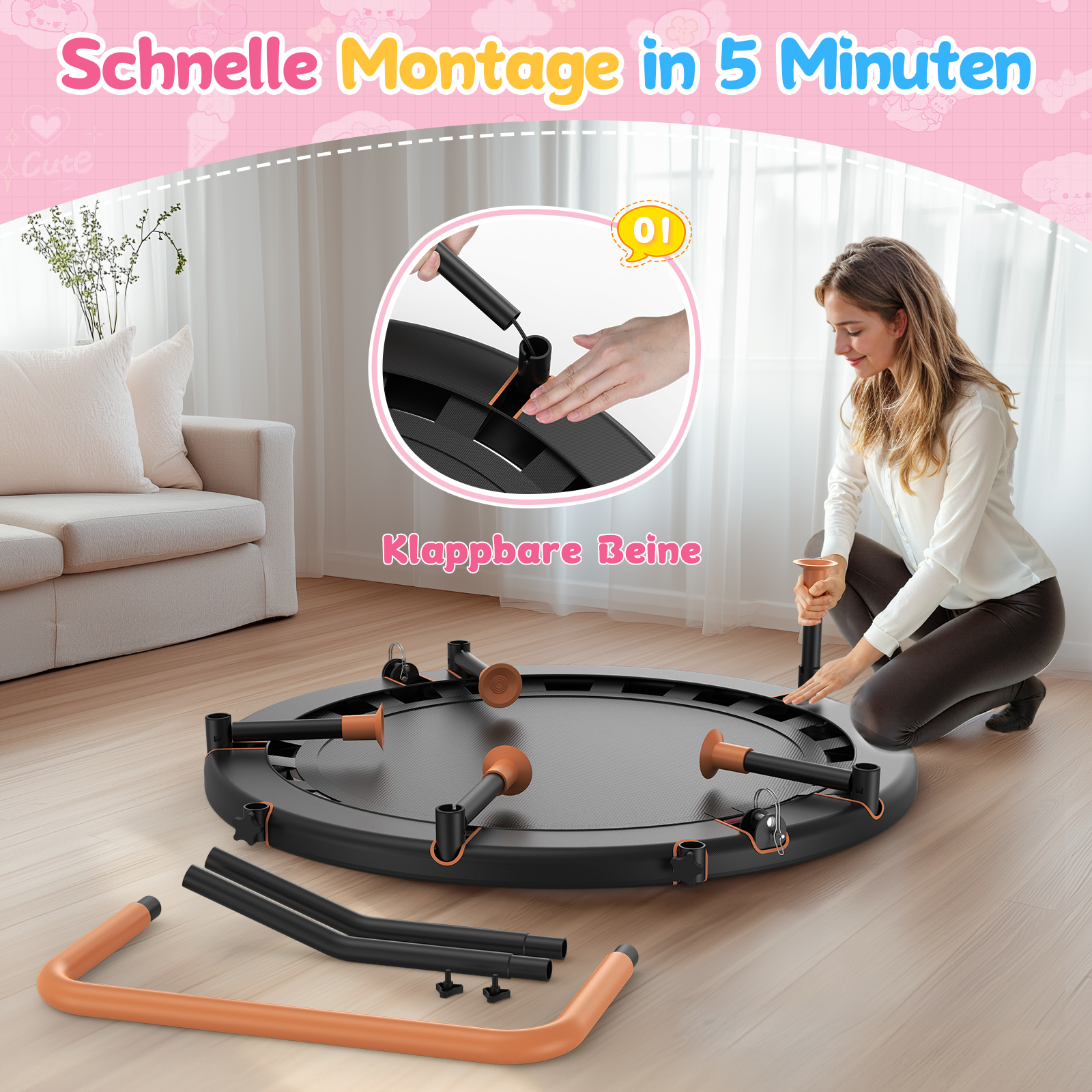 Frau montiert ein Trampolin in einem Wohnzimmer. Klappbare Beine sind zu sehen.