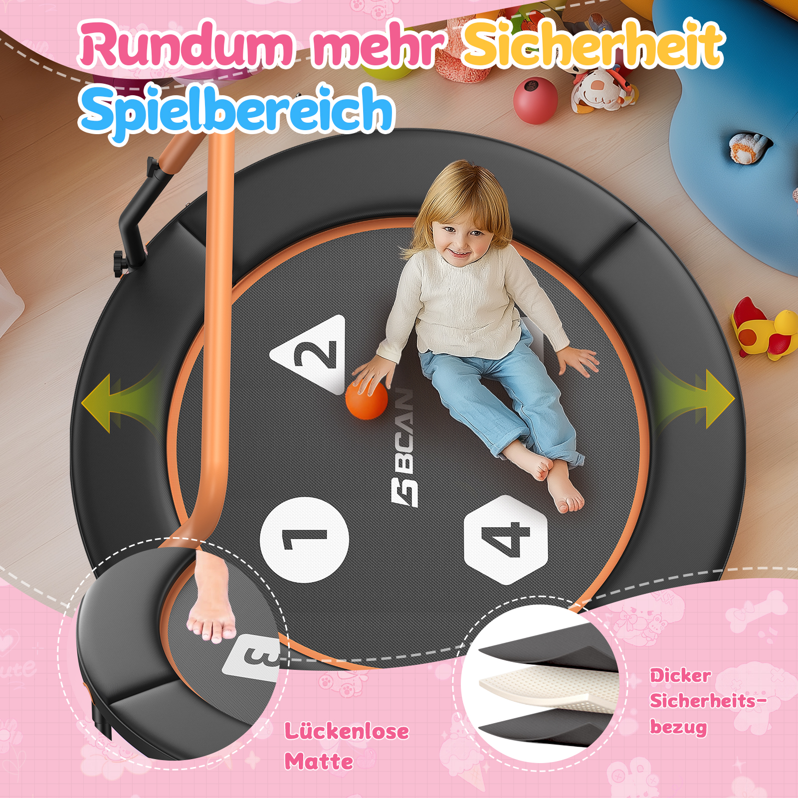 Ein kleines Mädchen sitzt auf einem Trampolin mit Zahlen, umgeben von Spielzeug.