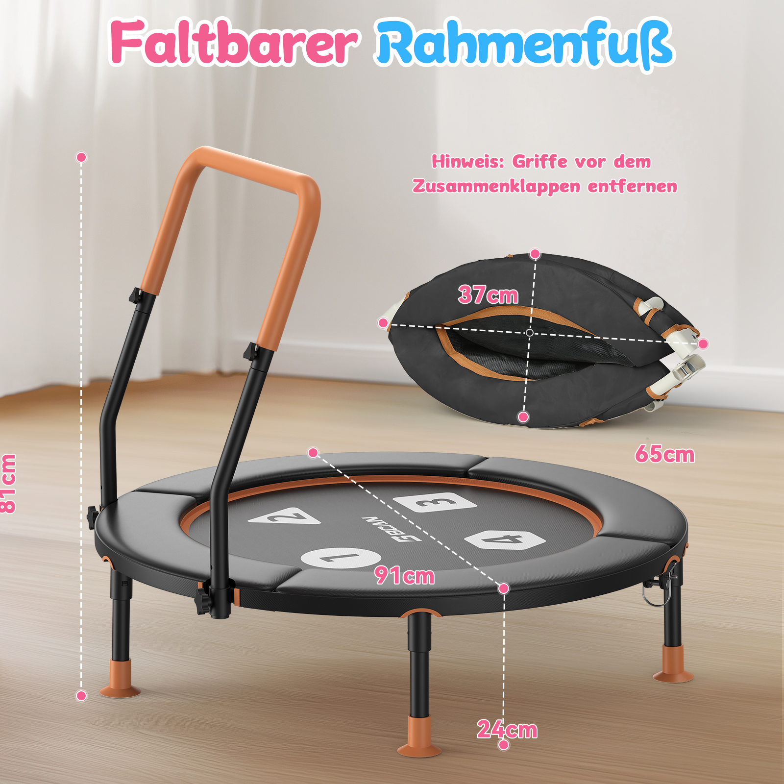 Ein faltbarer Trampolin mit Griffen, Maße 91x24cm, Höhe 81cm, zusammengeklappt 37cm.
