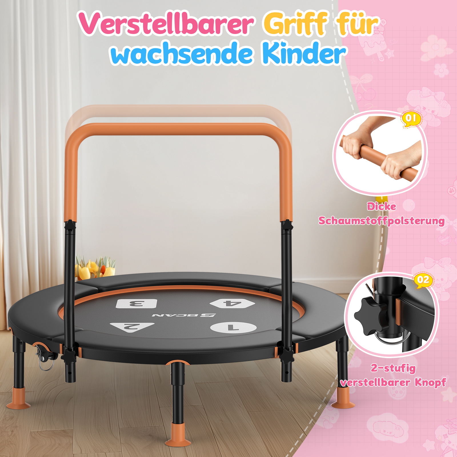 Ein Trampolin für Kinder mit verstellbarem Griff und Schaumstoffpolsterung.