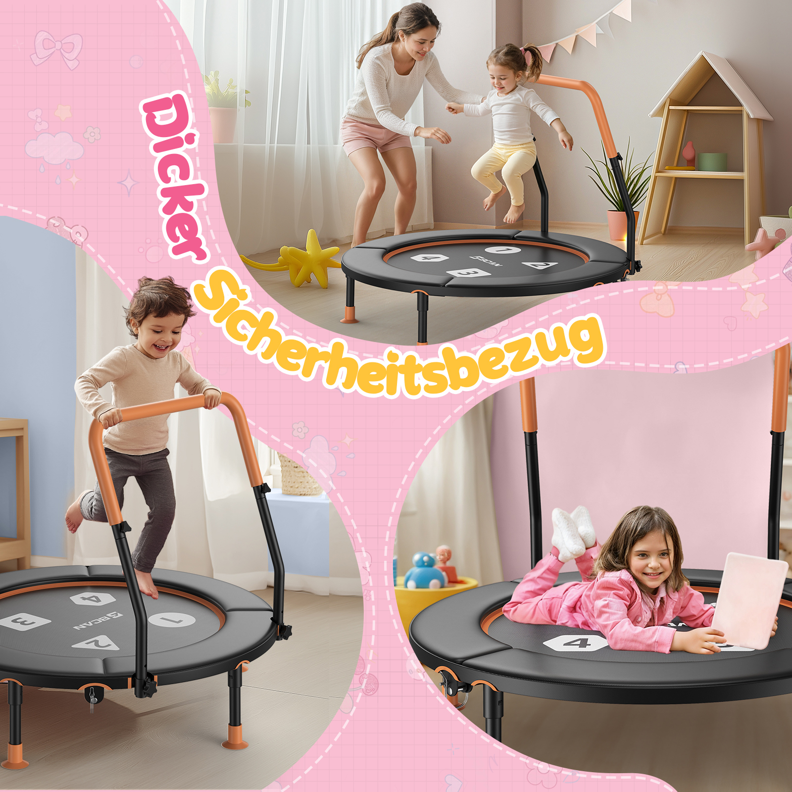 Kinder hüpfen und liegen auf Trampolinen in einem hellen Raum mit Spielzeug.