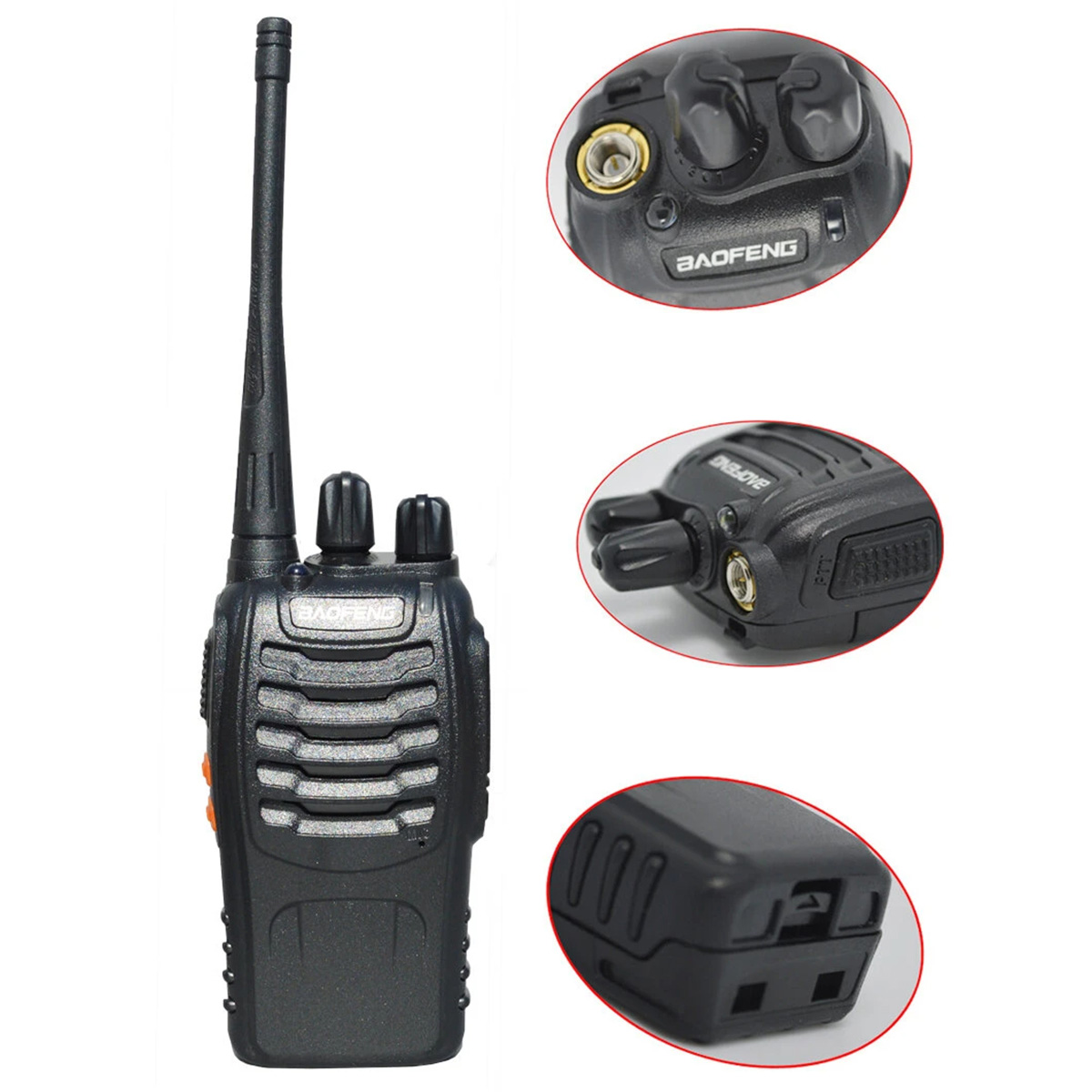 Walkie-talkie negro con antena, y primeros planos de botones y puertos.