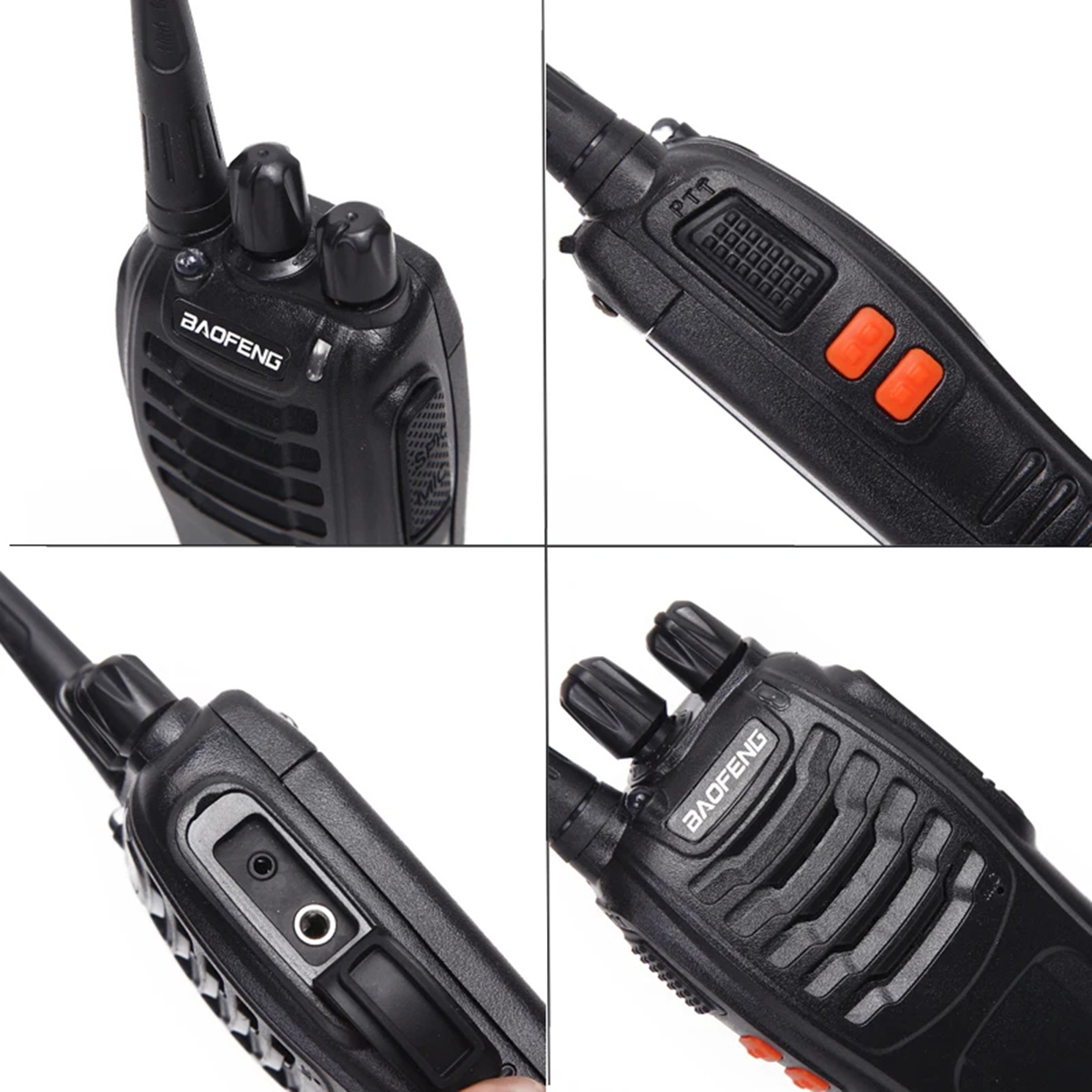 Colage de un walkie-talkie Baofeng negro. Muestra vistas frontal, lateral y superior.