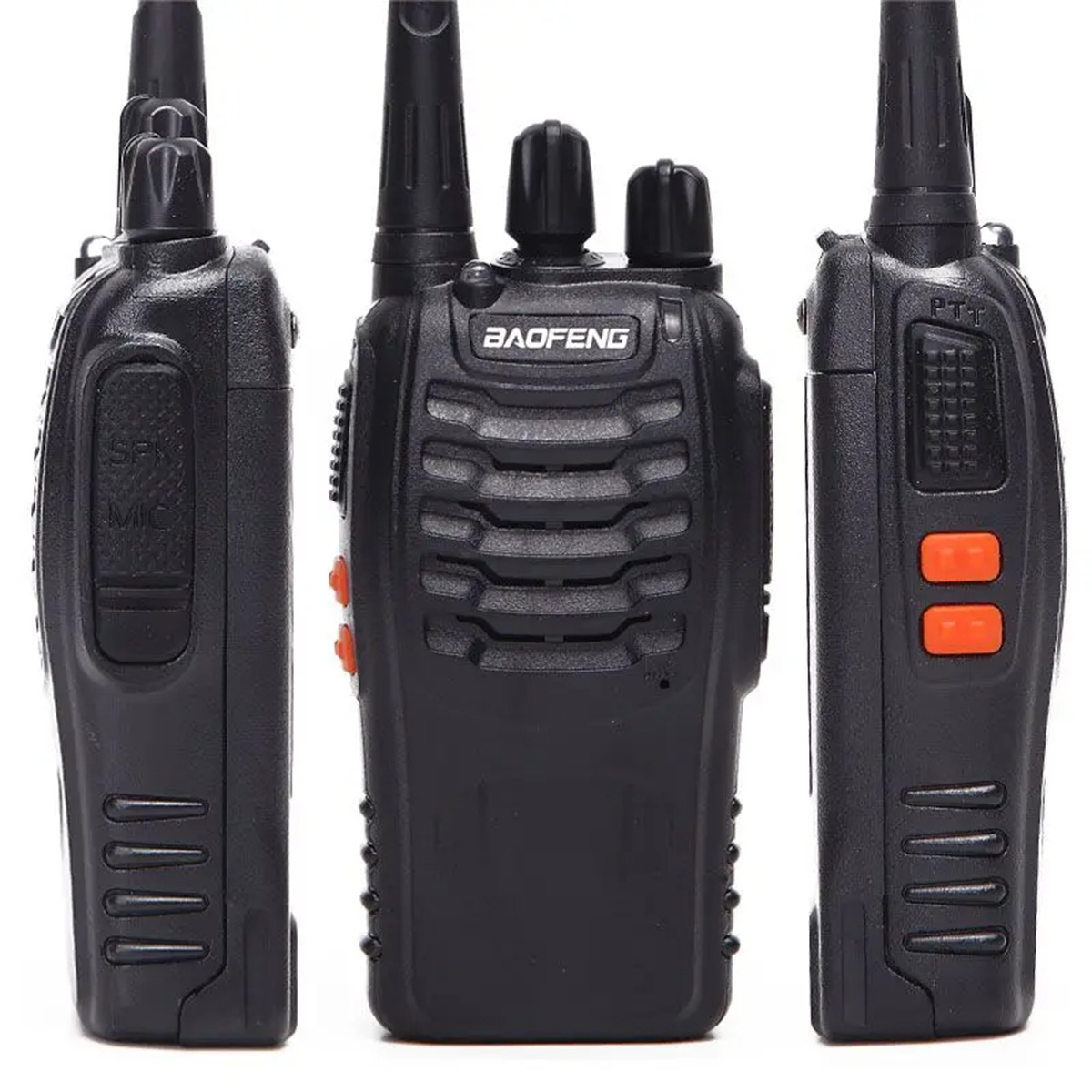 Tres walkie-talkies Baofeng negros mostrados desde diferentes ángulos sobre fondo blanco.