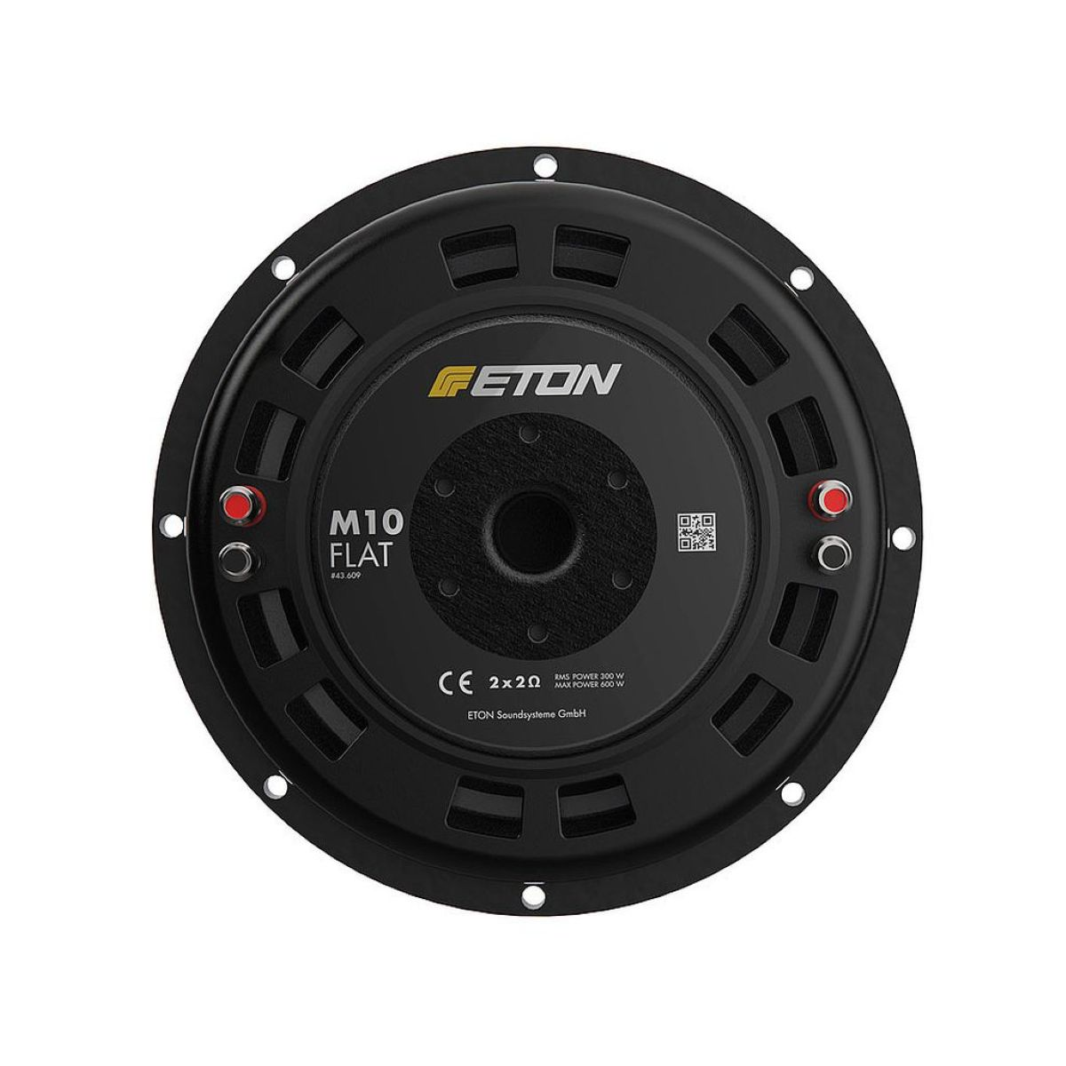 Schwarzer Lautsprecher mit gelbem FETON-Logo, M10 FLAT-Beschriftung und technischen Daten.