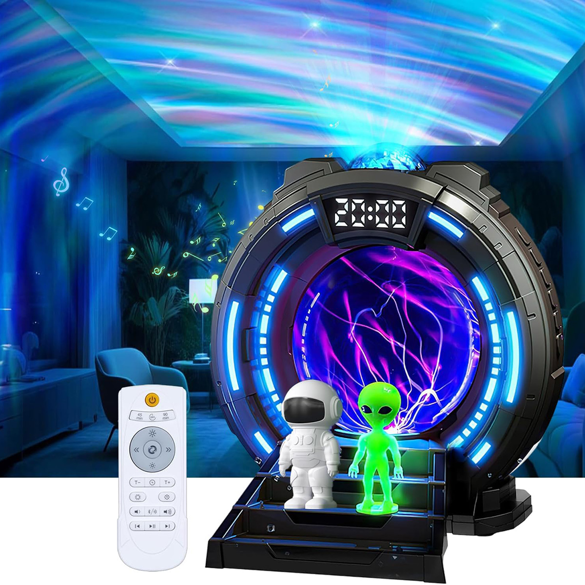 Un proyector de estrellas con figuras de astronauta y alienígena, mando a distancia delante.