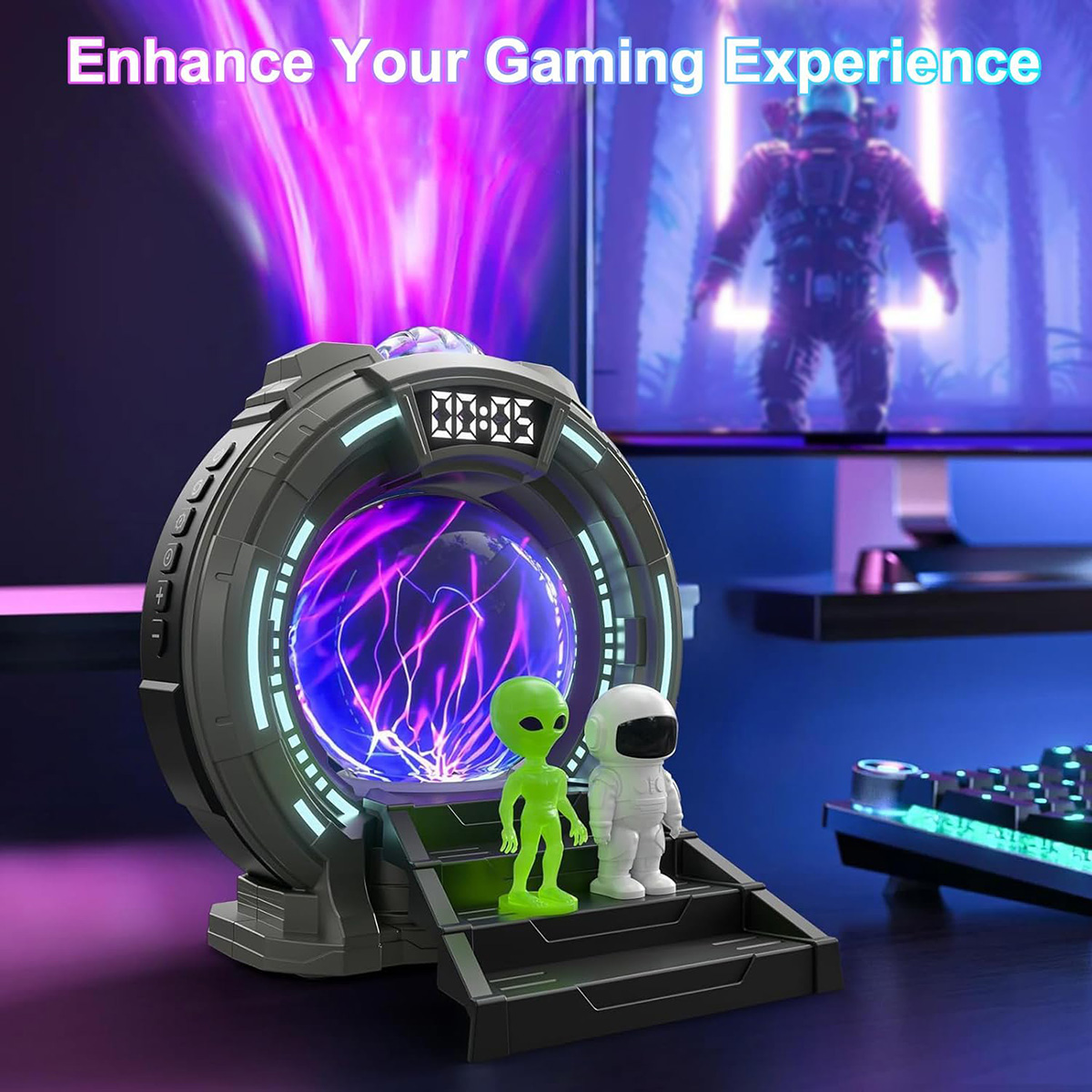 Un alien y un astronauta frente a un portal brillante con energía púrpura.
