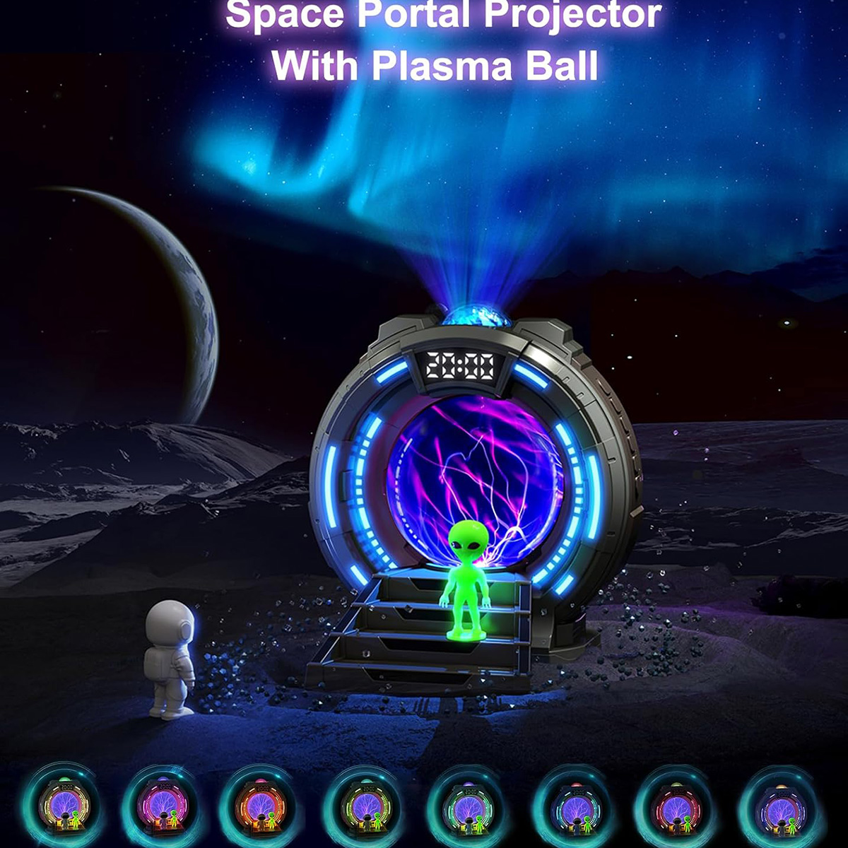 Proyector de portal espacial con alien y astronauta en superficie lunar.