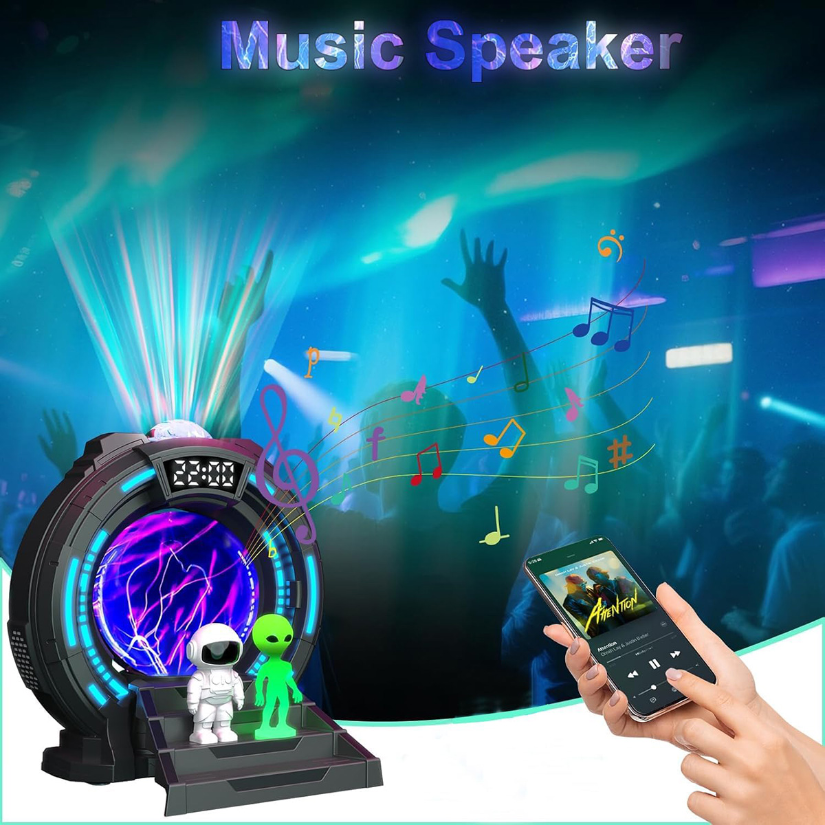 Altavoz de música con figuras de astronauta y alienígena, proyectando luces y música desde el teléfono.