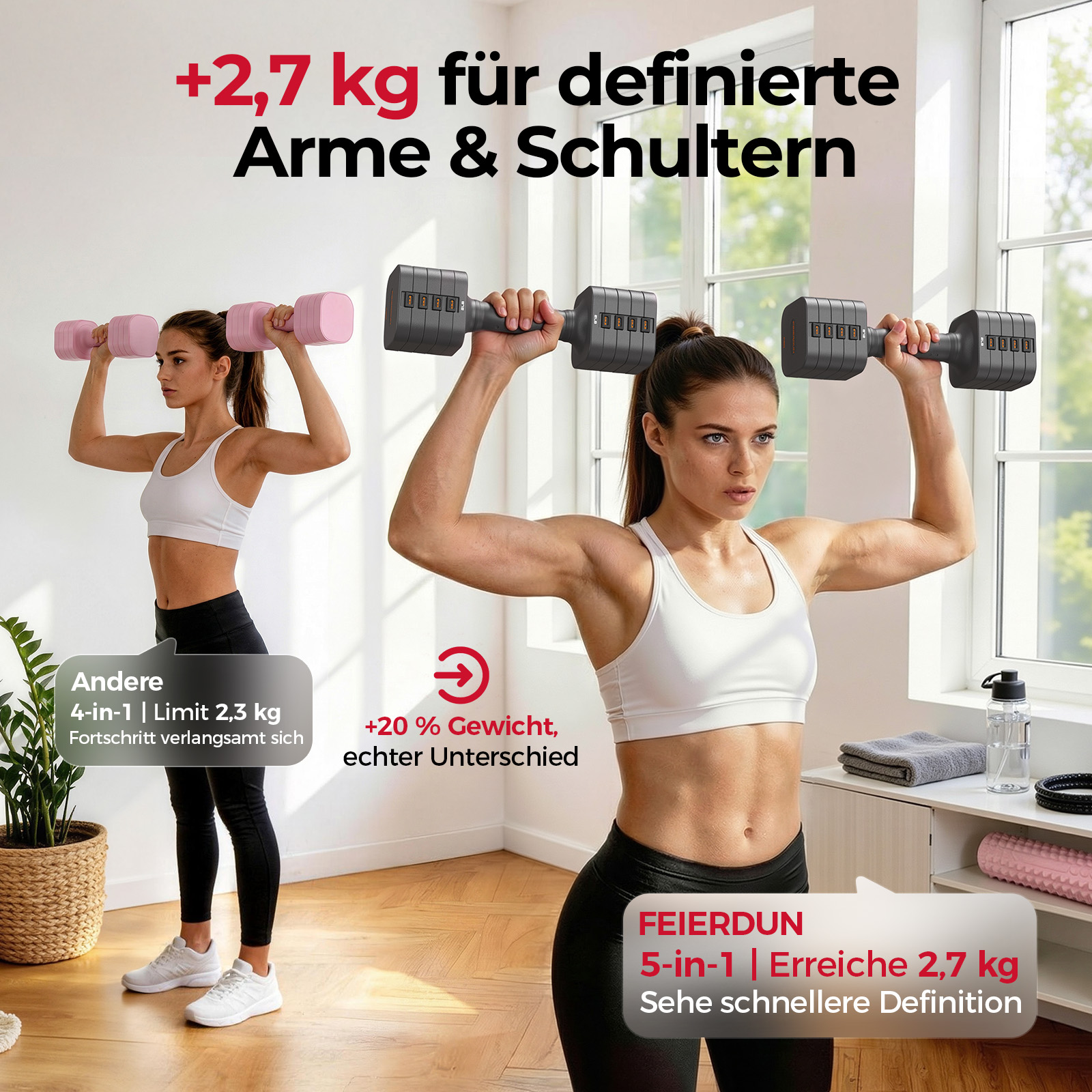 Zwei Frauen trainieren mit Hanteln, eine mit pinken, die andere mit schwarzen.
