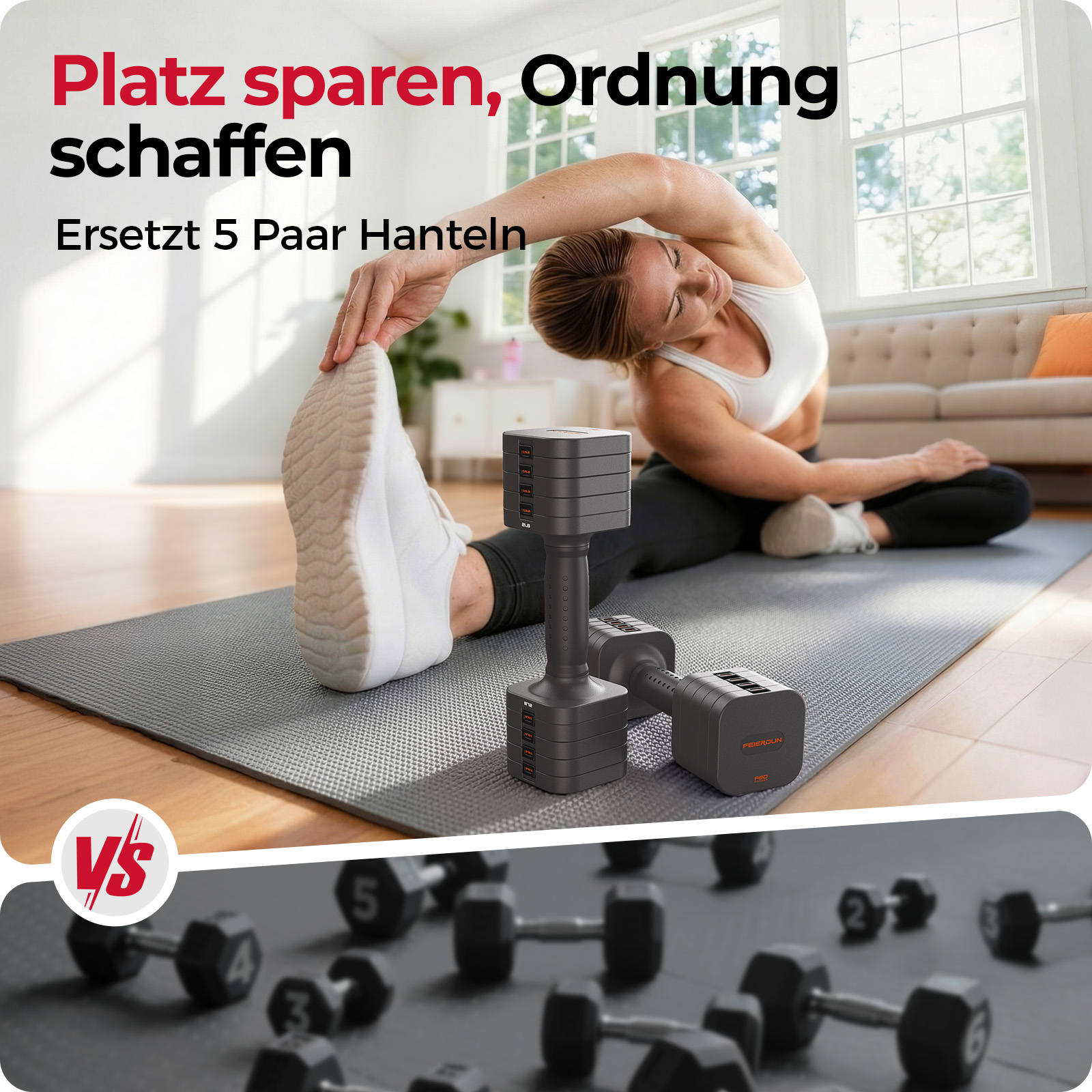 Frau dehnt sich neben verstellbaren Hanteln, die traditionelle ersetzen.